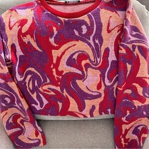 Zara Vibrant Swirl Pattern Cropped Sweater - Bold Colorblock